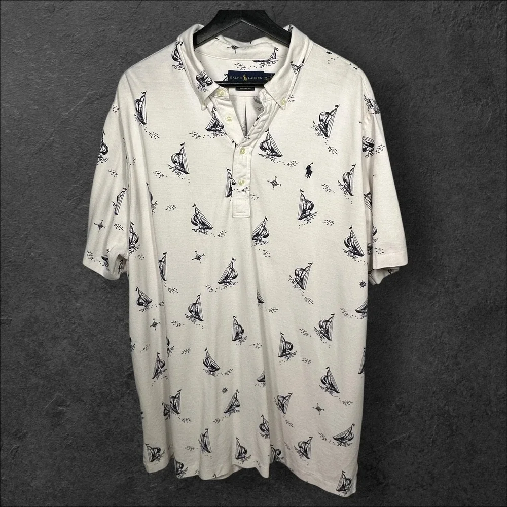 Ralph Lauren Polo Shirt Mens‎ XXLT Oxford All Over Print Sailboat Print Nautical